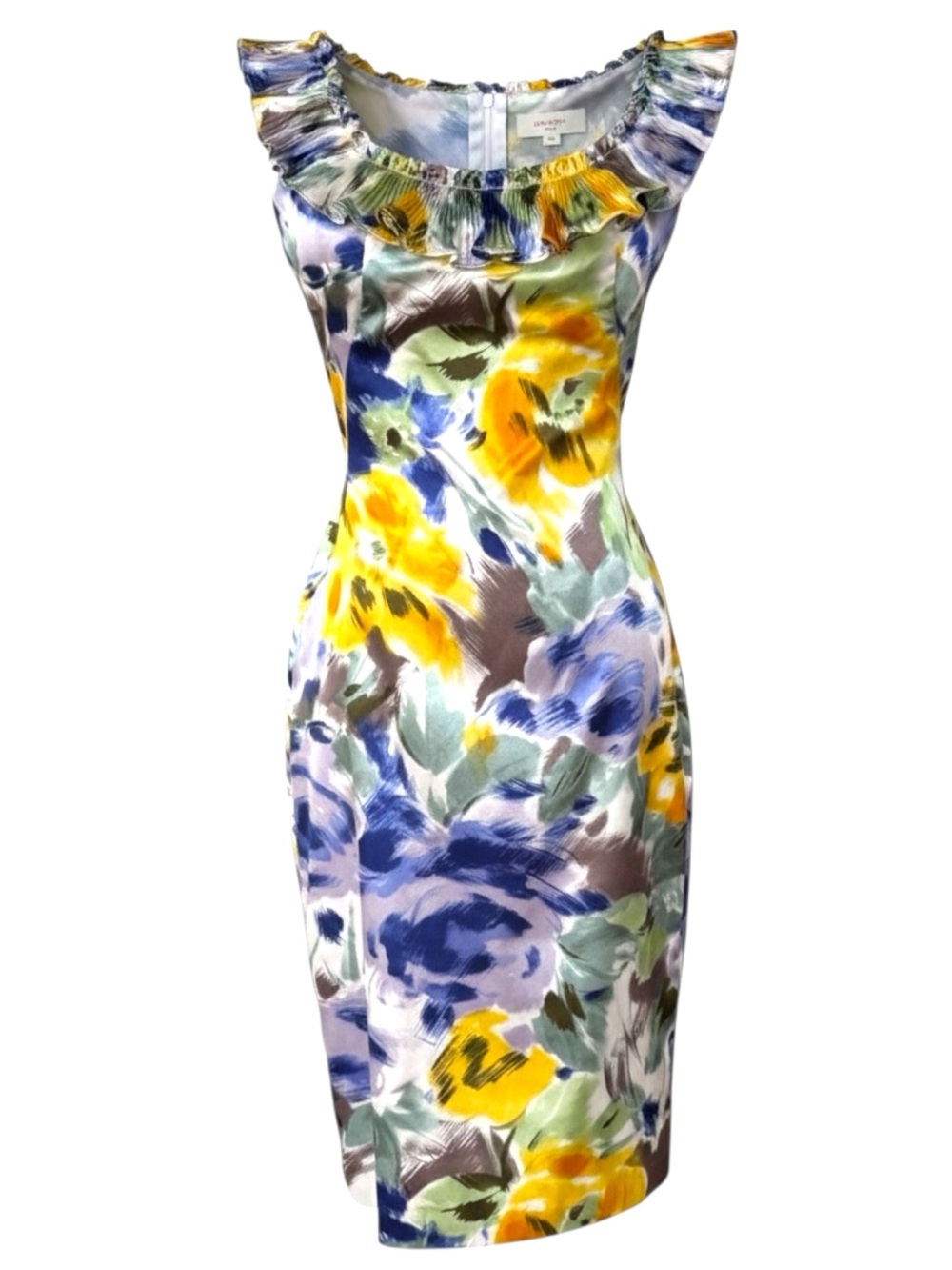 Maggy London Floral Pleated Ruffle Neck Sheath Dress Size 2